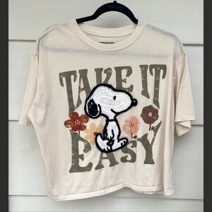 Peanuts Snoopy Yarn Embroidered Crochet Boho Take it Easy Boxy Tee Size XL